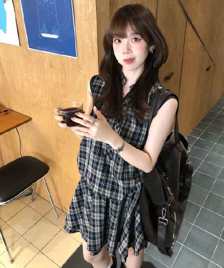 원본 원단 것 레트로 체크무늬 여성 드레스 여름 작은 키 고유 한 아름다운 루즈핏 품격 미니 스커트