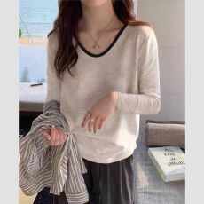 批发人棉1x1罗纹 v领<b class='q'>纯棉</b><b class='q'>打底衫</b>女灰色内搭上衣秋季休闲爆款长袖t恤