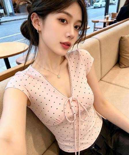 달콤한 매운맛 바람 도트 무늬 V넥 레이스업 몸매 가꾸기 반팔 티셔츠 여름 레이스 레이스 miu 첨부 된 의류 여성
