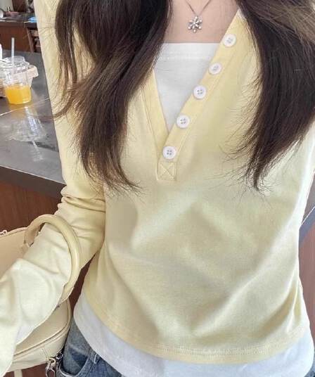 순면 리브 페이크 레이어드 긴팔 티셔츠 여성 가을 겨울 몸매 가꾸기 작은 키 쇼트 스타일 긍정적 인 어깨 만나는 맨위