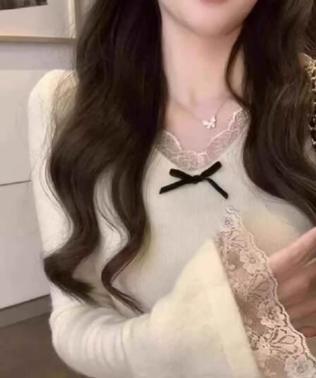 순수한 욕망 바람 나비 매듭 레이스 조각 긴팔 티셔츠 여성 가을 겨울 몸매 가꾸기 인사이드 가져 가라. 기본 셔츠 연삭 털 맨위