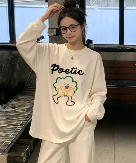 210 그램 21 이후 패키지 칼라 프린트 가을 뭉치 구두 긴팔 티셔츠 여성 루즈핏 순면 라운드 넥 맨위