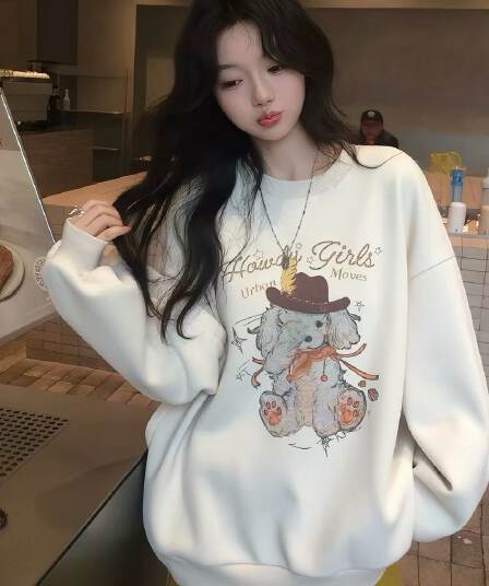 2026 가을 후아 면 복합 프린트 라운드 넥 후드티 여성 얇은 스타일 털이 있는