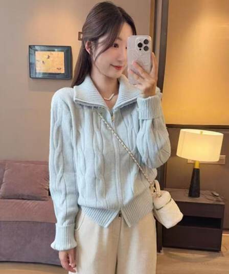 더블 지퍼 터틀넥 꽈배기 스웨터 오픈 가디건 여성 가을 겨울 슈퍼 잘 생긴 프랑스식 우유 fufu 디스플레이 화이트 황색 스웨터 코트