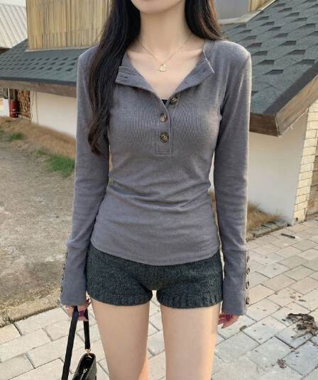 실사 원본 뮤 S 양모 280 그램 헨리 V넥 단추 긴팔 티셔츠 기본 셔츠 여성 가을 겨울 맨위