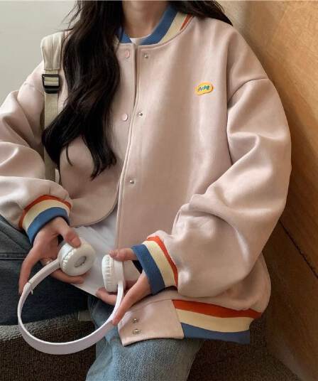스웨이드 원단 복합 아메리칸 레트로 긴팔 야구 유니폼 여성 코트 가을 새로운 여성 외부 가져 가라. 오픈 가디건 맨위