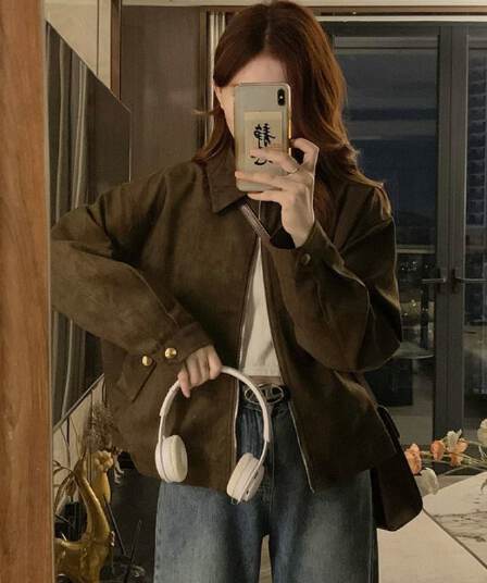 달콤한 차가운 커피 색상 스웨이드 원단 여성 코트 봄 가을 새로운 레트로 작은 대중 쇼트 스타일 아름다움 라드. 맨위 재킷 작은 키