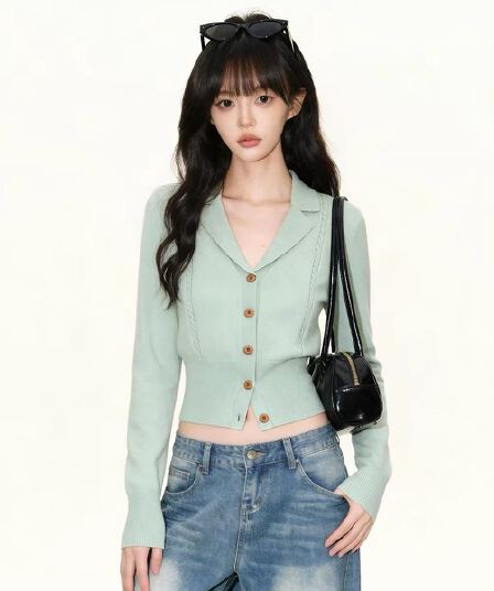 녹색 정장 칼라 니트 오픈 가디건 여성 2026 봄 가을 새로운 고급 센스 몸매 가꾸기 허리 수축 인사이드 가져 가라. 만나는 맨위