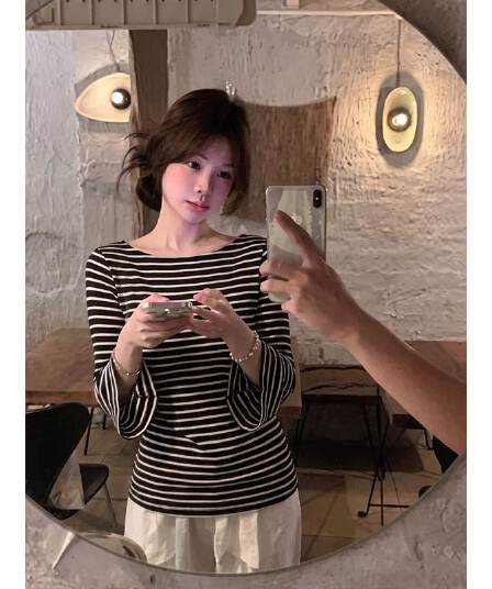 32 순면 당겨 프레임 스트라이프 작은 스피커 중간 소매 보트 칼라 슬림해 보이는 다용도 출퇴근 디자인 센스 맨위