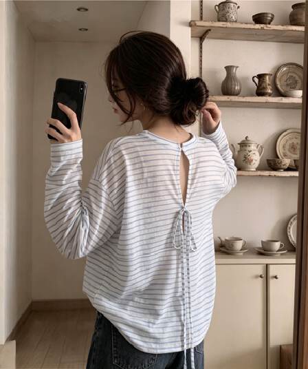 150그램 70 라이 경기 서울 30 폴리 에스터 스트라이프 홀로우 아웃 레이스업 긴팔 티셔츠 여성 루즈핏 얇은 스타일 자외선 차단 블라우스 맨위