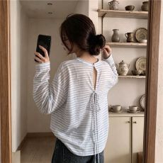 批发150克70莱赛尔30涤】条纹镂空系带长袖T恤女宽松薄款防晒罩衫上衣