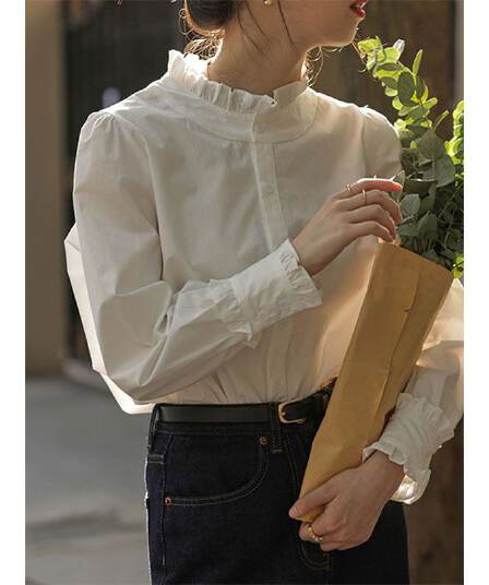 화이트 셔츠 긴팔 가을 새로운 빅 사이즈 루즈핏 외출용 프릴 맨위 Chic 프랑스식 셔츠