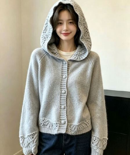 보존 섹션 추천 한 부서 홀로우 아웃 후드 스웨터 니트 오픈 가디건 여성 2026 새로운 자이언트 잘 생긴 부드러운 찹쌀 맨위