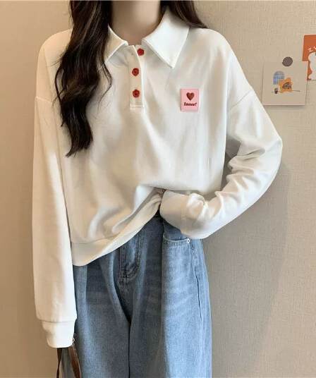 실사 ins 슈퍼 화재 POLO 칼라 얇은 스타일 후드티 여성 봄 가을 새로운 한국 스타일 루즈핏 다용도 긴팔 쇼트 스타일 맨위