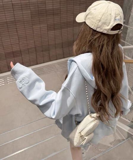2026 가을 얇은 스타일 범프 인쇄 백금 지퍼 이후 패키지 칼라 순수한 Mianhua 면 복합 후드티 여성