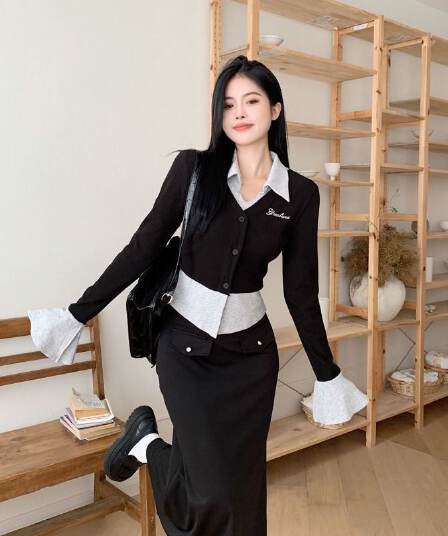 원본 것 모달 사람들 면 260 그램 핫걸 배색 페이크 레이어드 맨위 여성 가을 슬림해 보이는