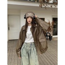 美式复古皮衣夹克外套女早秋甜酷风机车PU皮宽松修身长袖上衣