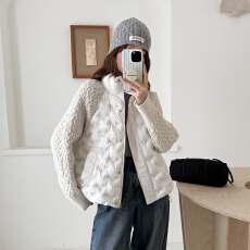 批发实拍羽绒棉服女短款简约宽松大码2026拼接针织袖轻薄外套棉衣