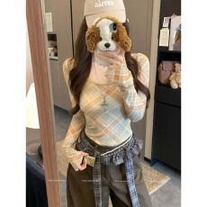 批发【原版双层网纱】辣妹撞色格纹U领长袖T恤<b class='q'>女</b>秋季短款收腰修身上衣