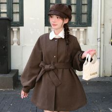 批发秋冬厚款毛呢<b class='q'>连衣裙</b>女灯笼袖圆领系带高级感小个子呢子外套大衣
