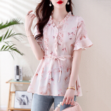 批发实拍2026年夏季雪纺印花上衣 修身显瘦抽绳自由调节 V领短袖上衣