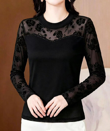 2026 라운드 넥 핫픽스 패치워크 망사 긴팔 티셔츠 여성 봄 가을 식물 플러시 장미 프린트 몸매 가꾸기 기본 셔츠