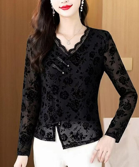 2026 새로운 중식 단추 식물 플러시 장미 망사 맨위 V넥 레이스 레이스 불규칙 긴팔 작은 셔츠