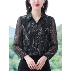 批发秋季新款<b class='q'>妈妈装</b>雪纺衬衫女黑底花草印花翻领长袖宽松遮肉洋气上衣