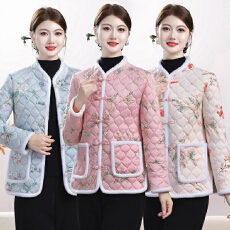 批发2026新中式国风碎花<b class='q'>棉服</b>女 秋冬加绒加厚盘扣<b class='q'>妈妈</b>装毛绒边保暖小