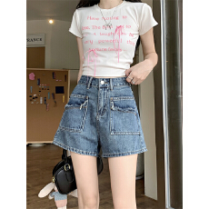 批发实拍a字<b class='q'>牛仔</b><b class='q'>短裤</b><b class='q'>女</b>2026新款夏季高腰显瘦小个子辣妹热裤
