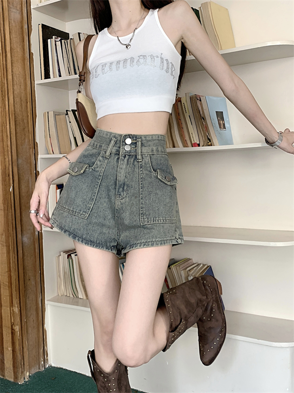 실사 아메리칸 레트로 워크웨어 데님 반바지 여성 여름 얇은 스타일 작은 키 루즈핏 하이웨이스트 넓은 다리 한 마디 핫 바지
