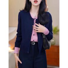 批发<b class='q'>蔷薇</b>恋人通勤圆领拼色针织开衫百搭毛衣上衣女