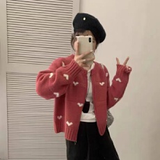 批发秋冬爱心提花少<b class='q'>女</b>感茧型针织<b class='q'>开衫</b>小外套宽松韩国新款毛衣<b class='q'>开衫</b>上衣