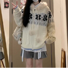 批发法式温柔风雪花连帽针织外套女装秋季超好看慵懒宽松长袖<b class='q'>开衫</b>上衣