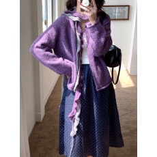 批发韩系紫色温柔复古针织<b class='q'>开衫</b>女软糯宽松慵懒风秋冬季高级感毛衣外套