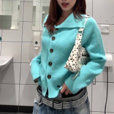 批发蓝色小香风毛衣外套女25秋新款高级感慵懒宽松韩系短款针织开衫冬