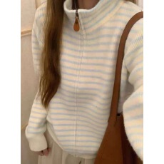 批发韩系设计感撞色条纹<b class='q'>真皮</b>拉链长袖毛衣女秋季显瘦百搭立领上衣WW