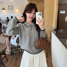 批发甜美蝴蝶结<b class='q'>刺绣</b>翻领毛衣女秋季设计感镂空宽松针织衫短<b class='q'>上衣</b>