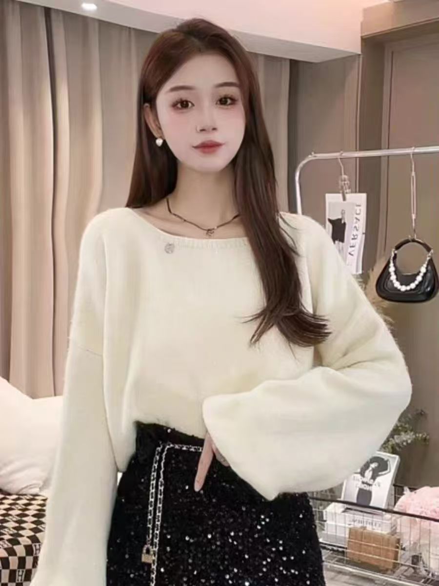 Korean Leisure Style Loose Shoulder Soft and Chewy Women's Sweater 2025 Autumn/Winter New Arrival Versatile Personality Long-Sleeve Knit Top