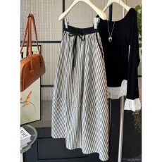 批发韩系复古条纹半身裙女<b class='q'>夏</b>季2025新款高腰显瘦中长款小个子a字伞裙