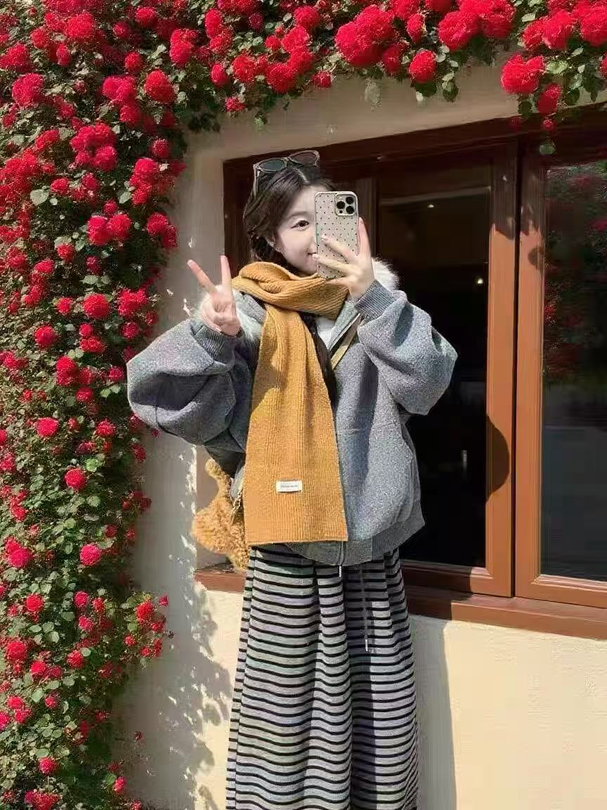 Lined Size 46 Detachable Wool Hoodie Women's Cotton and Polyester Blended Sweatshirt