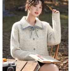 韩系撞色翻领系带毛衣女2025秋冬季新款小个子长袖针织开衫上衣