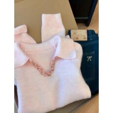 甜美风翻领套头针织毛衣女冬季长袖设计感粉色上衣