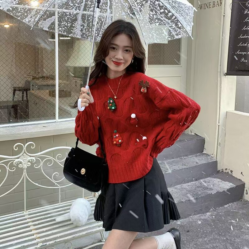 Women's Thick Knit Sweater for Red Leisure Style, Autumn/Winter New Year Outfit, Hooded Knitwear for Chinese New Year and Year of the Monkey