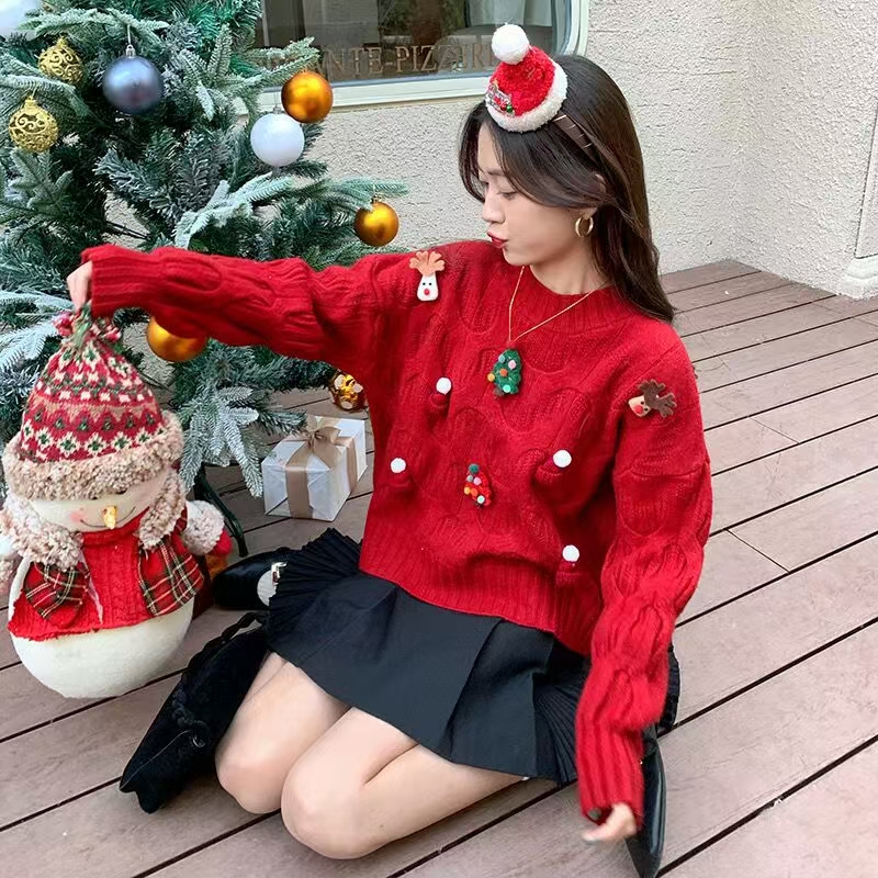Women's Thick Knit Sweater for Red Leisure Style, Autumn/Winter New Year Outfit, Hooded Knitwear for Chinese New Year and Year of the Monkey