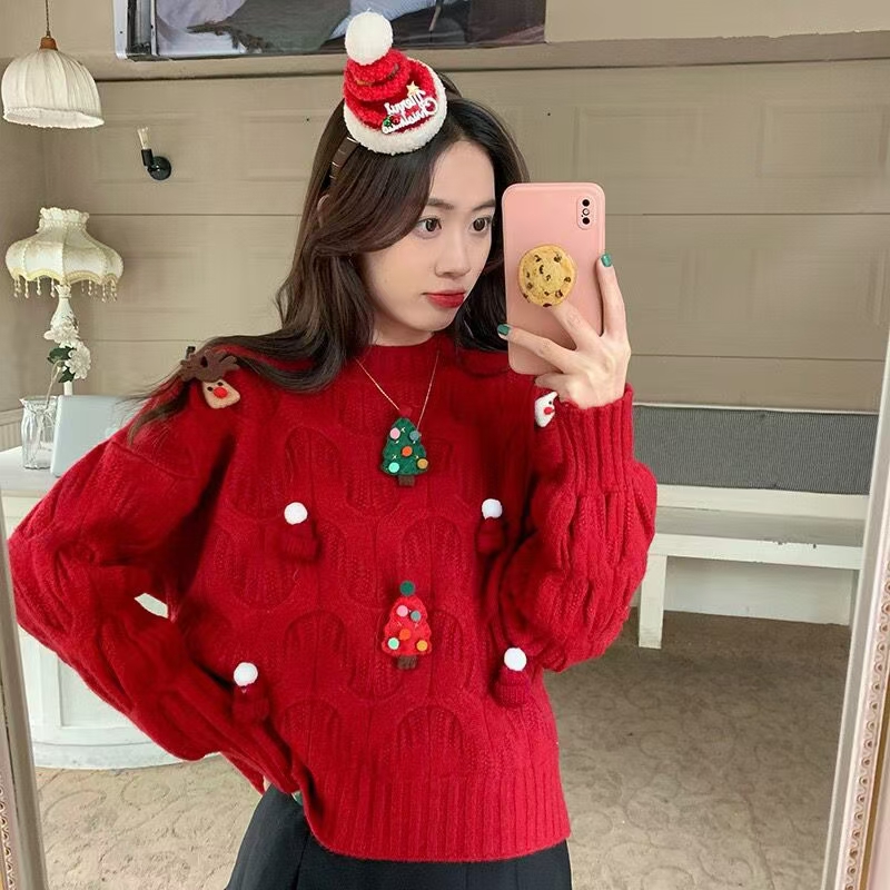 Women's Thick Knit Sweater for Red Leisure Style, Autumn/Winter New Year Outfit, Hooded Knitwear for Chinese New Year and Year of the Monkey