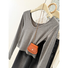 实拍纯棉纯欲大领口V领正肩长袖T恤女春秋季短款小个子打底上衣