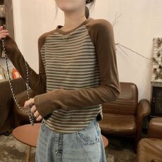 官图撞色条纹插肩长袖T恤女秋冬韩版修身内搭打底衫德绒磨毛上衣