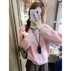 批发秋冬韩系假两件格子衬衫拼接设计感宽松<b class='q'>长袖</b>套头毛衣加厚针织衫女