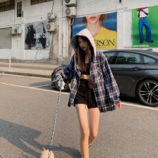 批发复古连帽格子<b class='q'>衬衫</b>女2025新款韩版宽松慵懒风小个子<b class='q'>衬衣</b>防晒外套